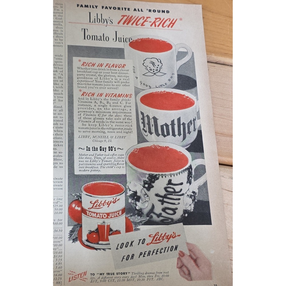 Vintage 1946 Libbys Tomato Juice Print Ad Twice-Rich Kitchen Decor Wall Art 40s